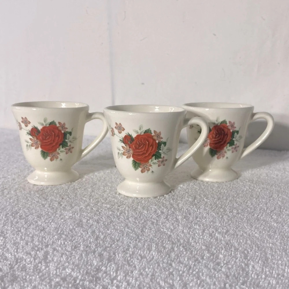 Vintage 1982 Handmade Ceramic Rose Coffee Cups x3 Cottagecore Grandmacore